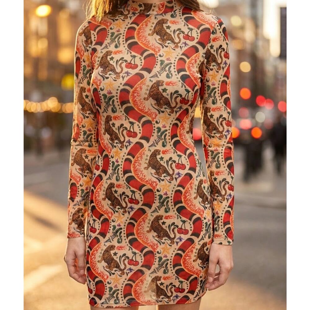 Y2K Sheer Mesh Mini Dress Tiger Snake Tattoo Print Bodycon Stretch